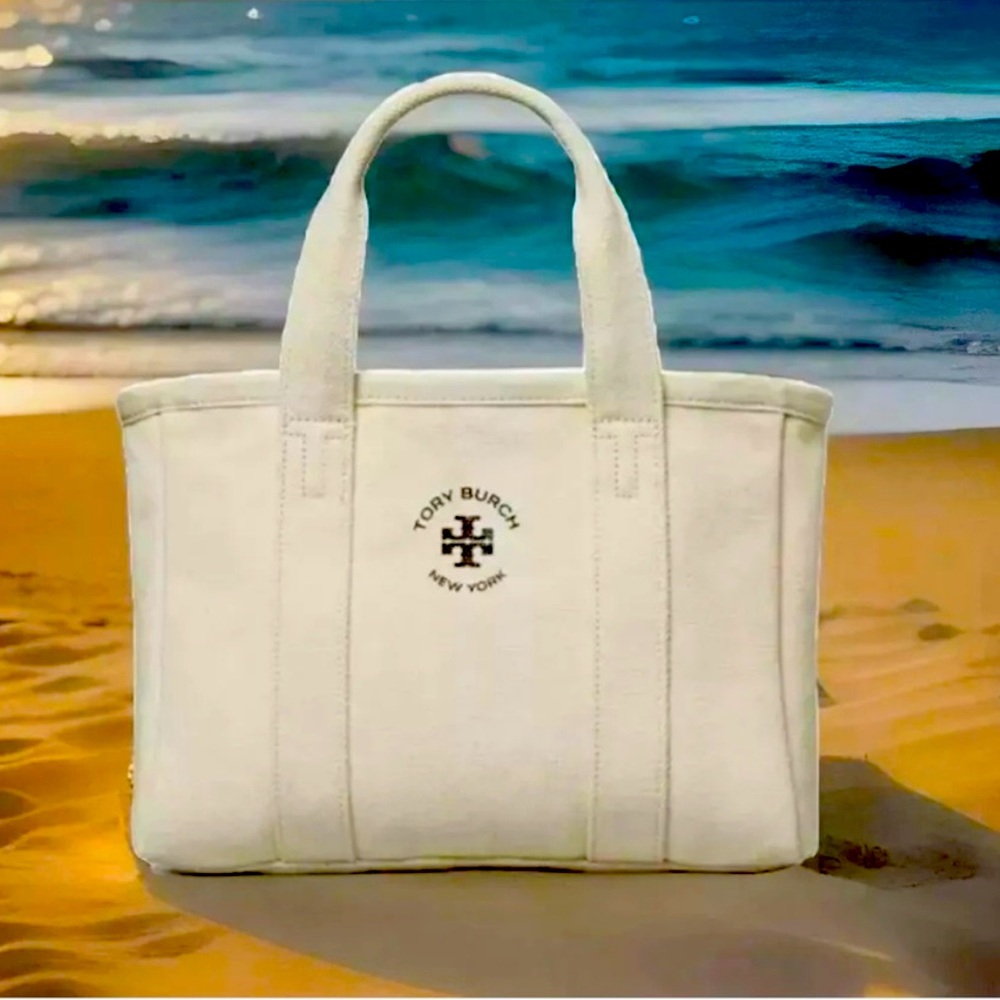 Tory Burch Natural Canvas Tote Bag Double Top Handle Bag Summer/Beach